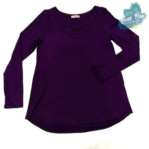 CRISSCROSS NECK LONG SLEEVE SOLID PURPLE TOP